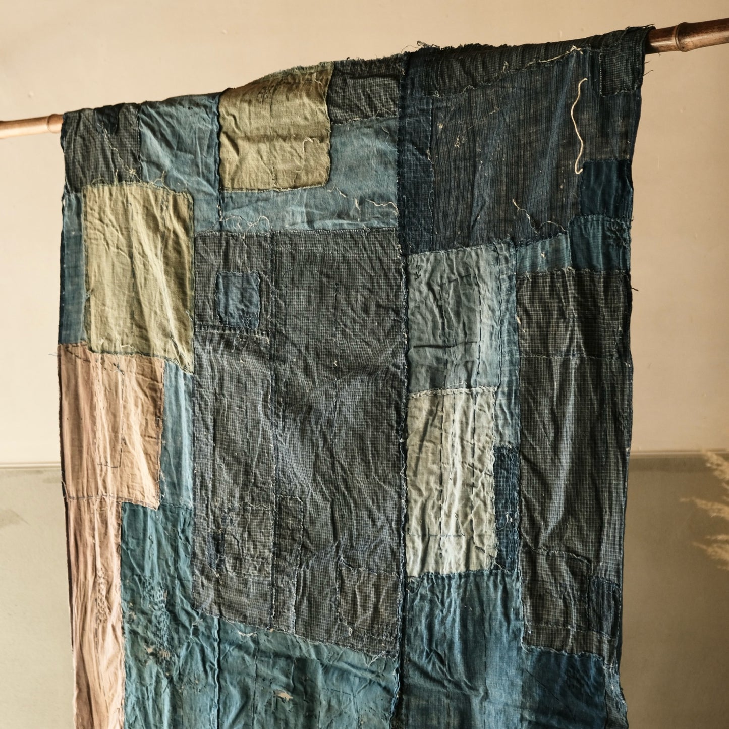 Vintage Japanese Boro rug sashiko with hemp