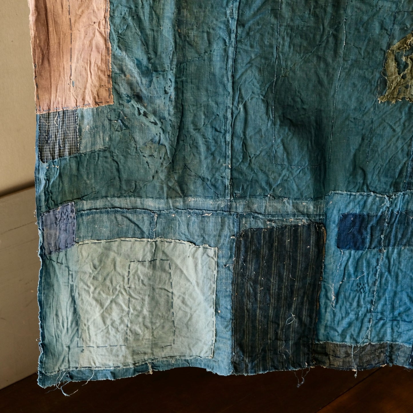 Vintage Japanese Boro rug sashiko with hemp