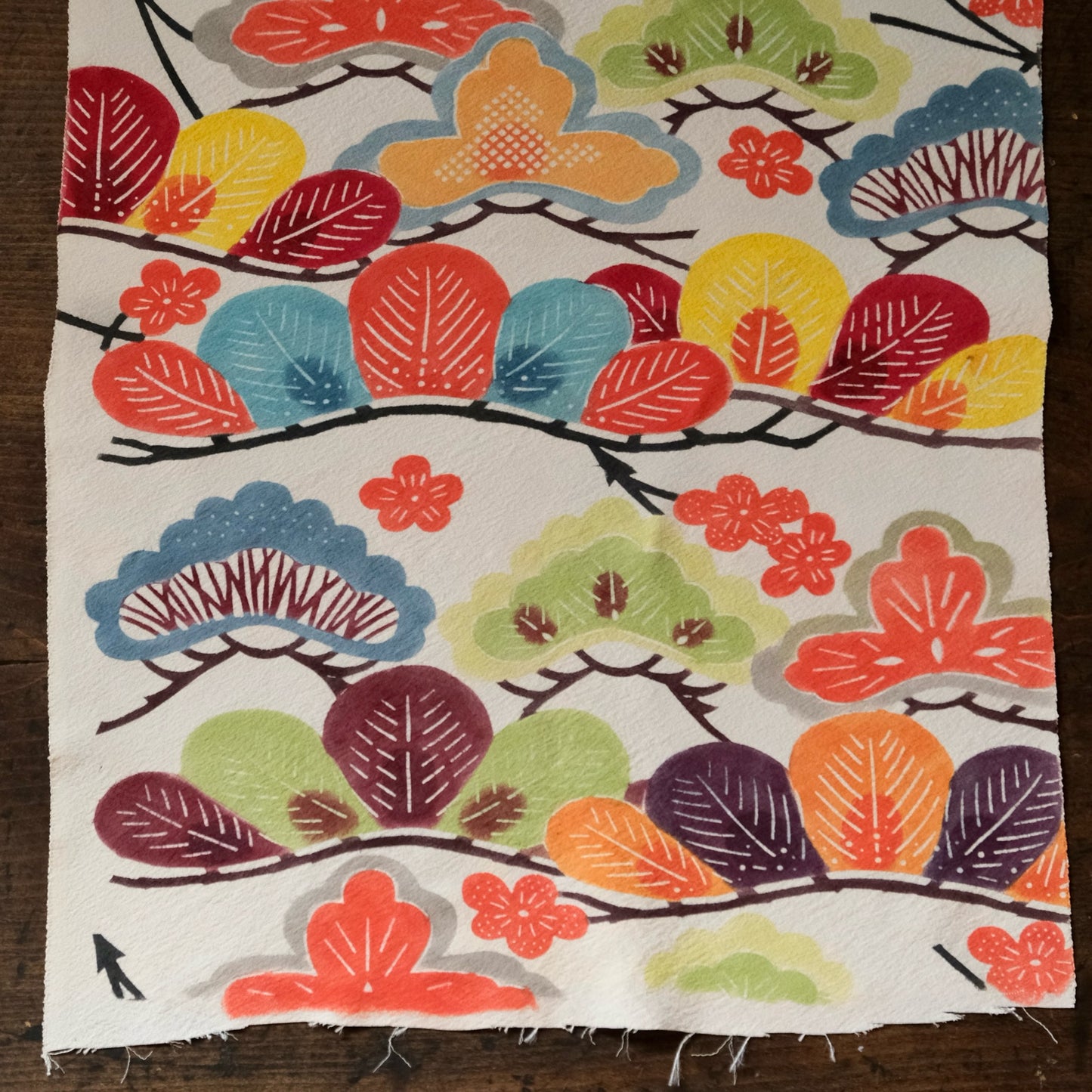 Vintage Japanese kimono silk textile Ryukyu Bingata Okinawa pine and plum blossoms (b-38)