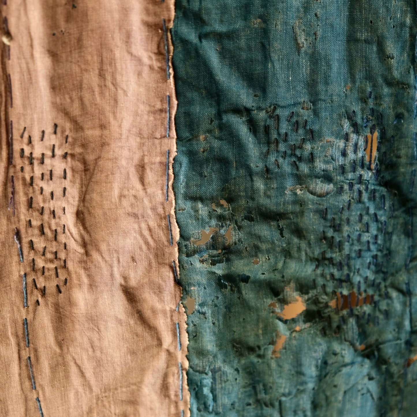 Vintage Japanese Boro rug sashiko with hemp