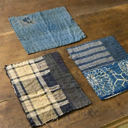 Vintage Japanese Boro Sashiko Mini Rug 3-Piece Set – Indigo Aizome Textile Art, Rustic Wabi-Sabi Decor (b-40)
