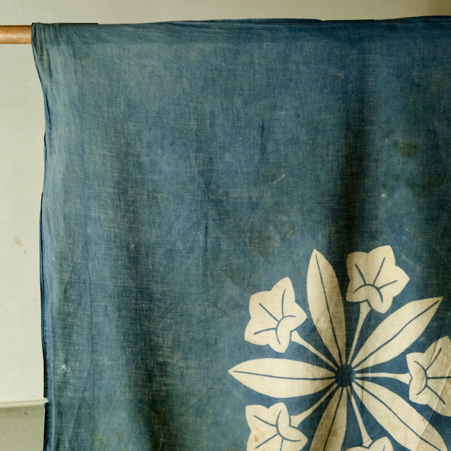 Vintage Japanese Furoshiki family crest indigo dyed cotton textile tapestry Japanese bellflower(b-52)