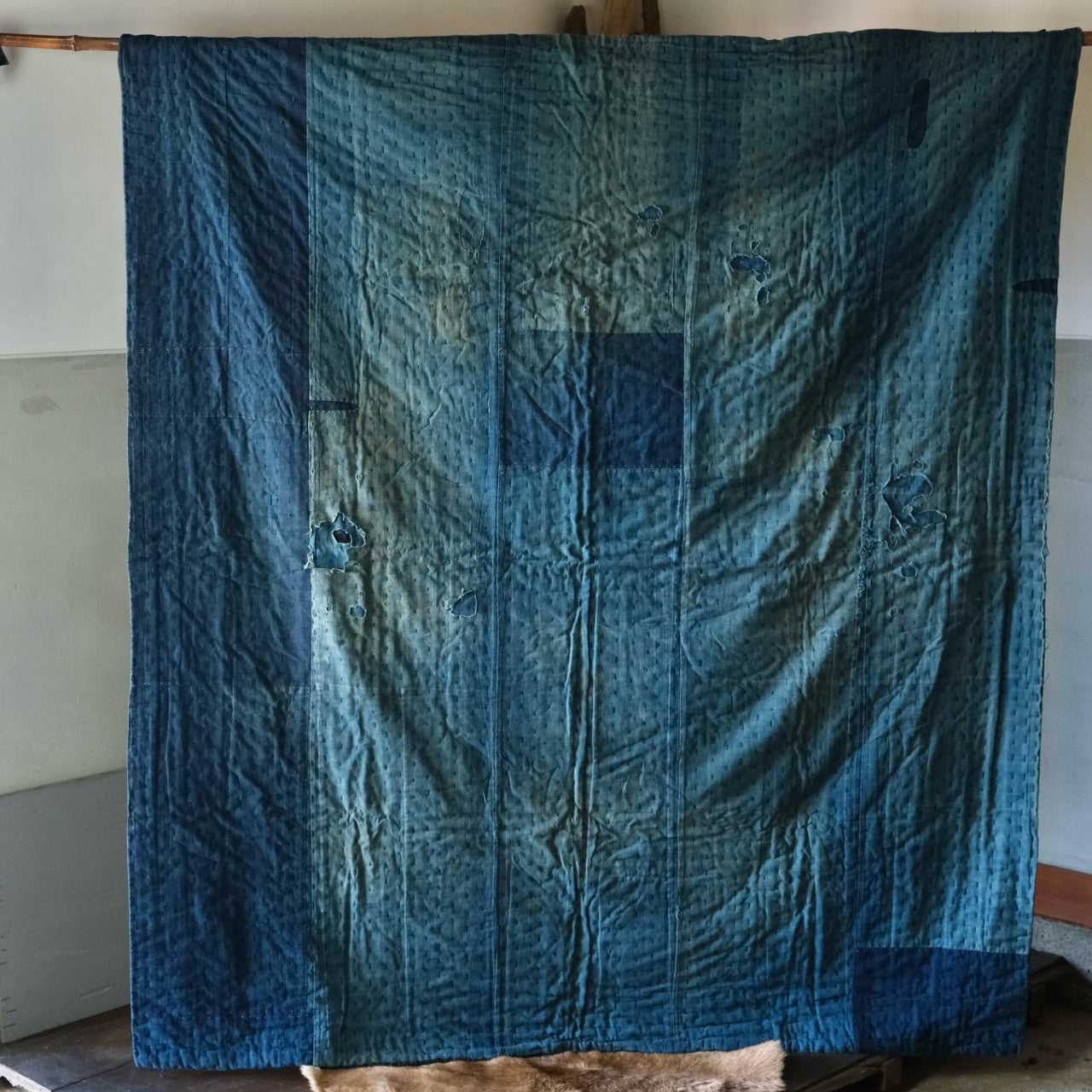 Vintage Japanese big BORO rug Sashiko indigo dyeing