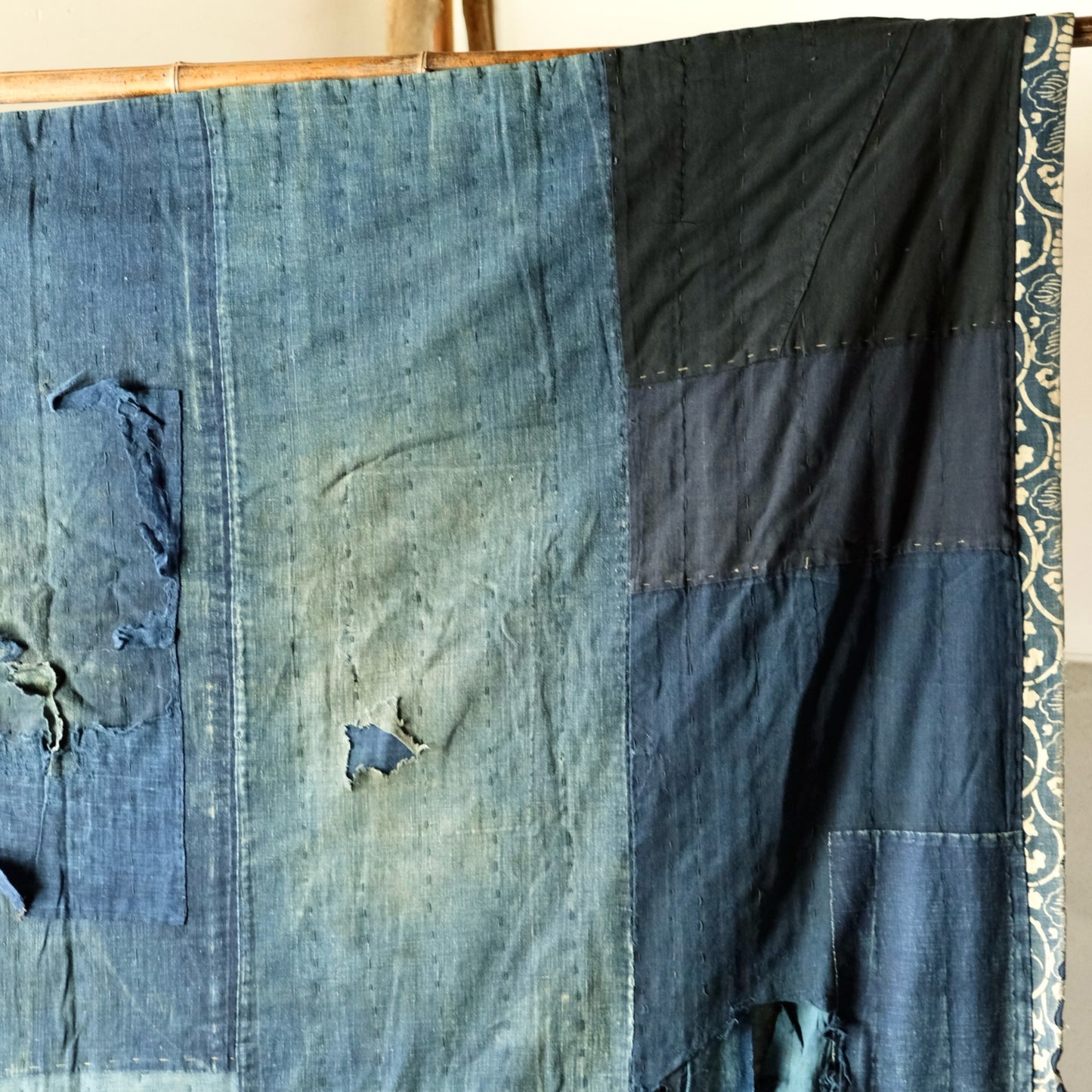 Vintage Japanese boro Katazome rug indigo chrysanthemum textile aizome over 100 years reversible sashiko(b-15)