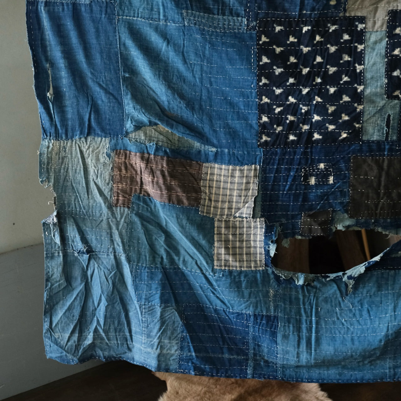Vintage Japanese BORO rug Sashiko indigo dyeing