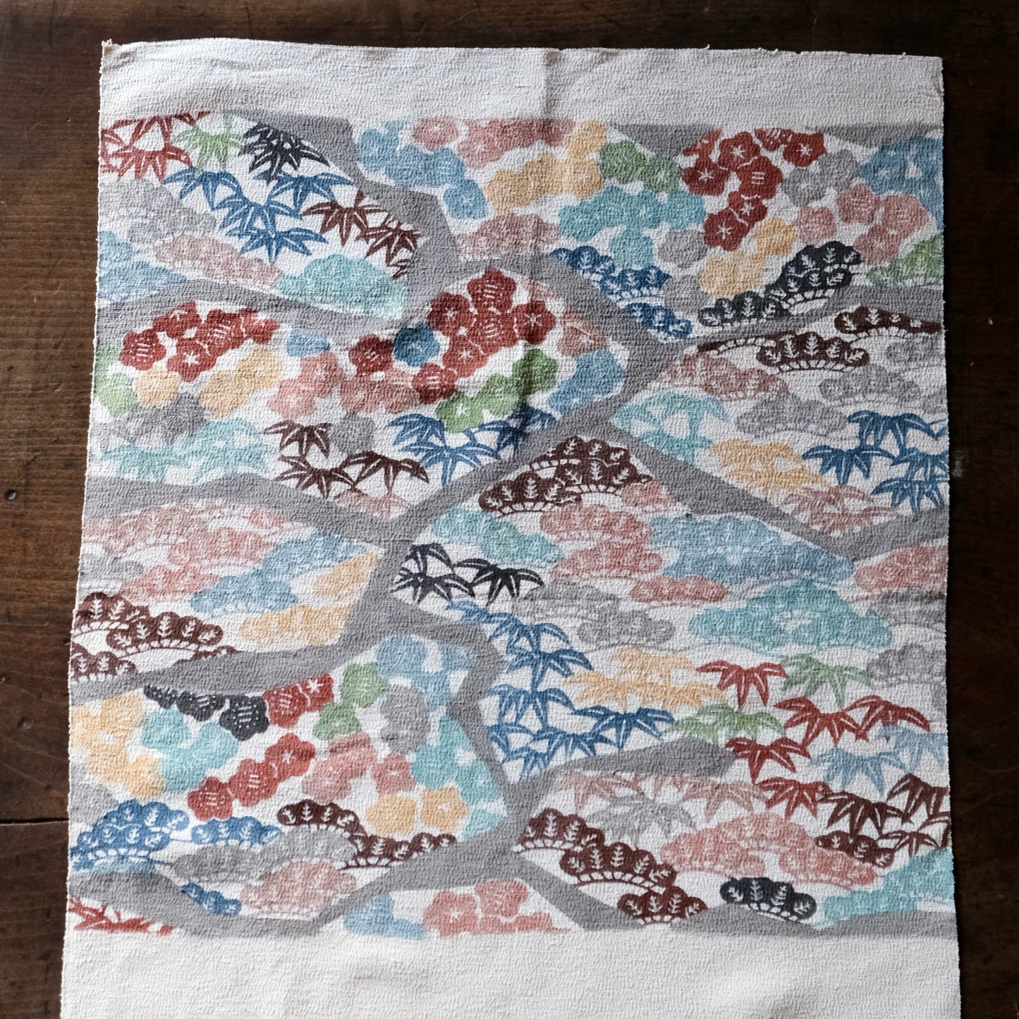 Vintage Japanese kimono silk textile Ryukyu Bingata okinawa Japanese Pine, Bamboo, Plum Blossoms(b-17)