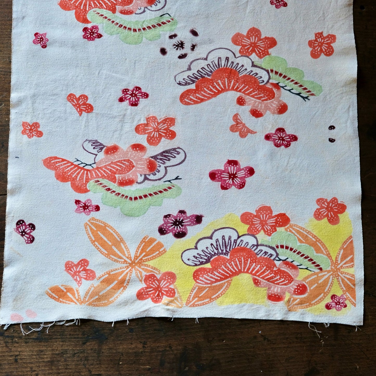 Vintage Japanese kimono silk textile ryukyu bingata okinawa pine and plum flower pattern(b-30)