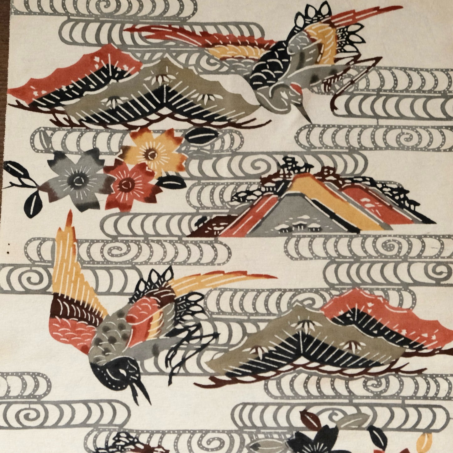 Vintage Japanese kimono silk textile Ryukyu Bingata Okinawa cranes, pine trees, cherry blossoms, mountains (b-36)