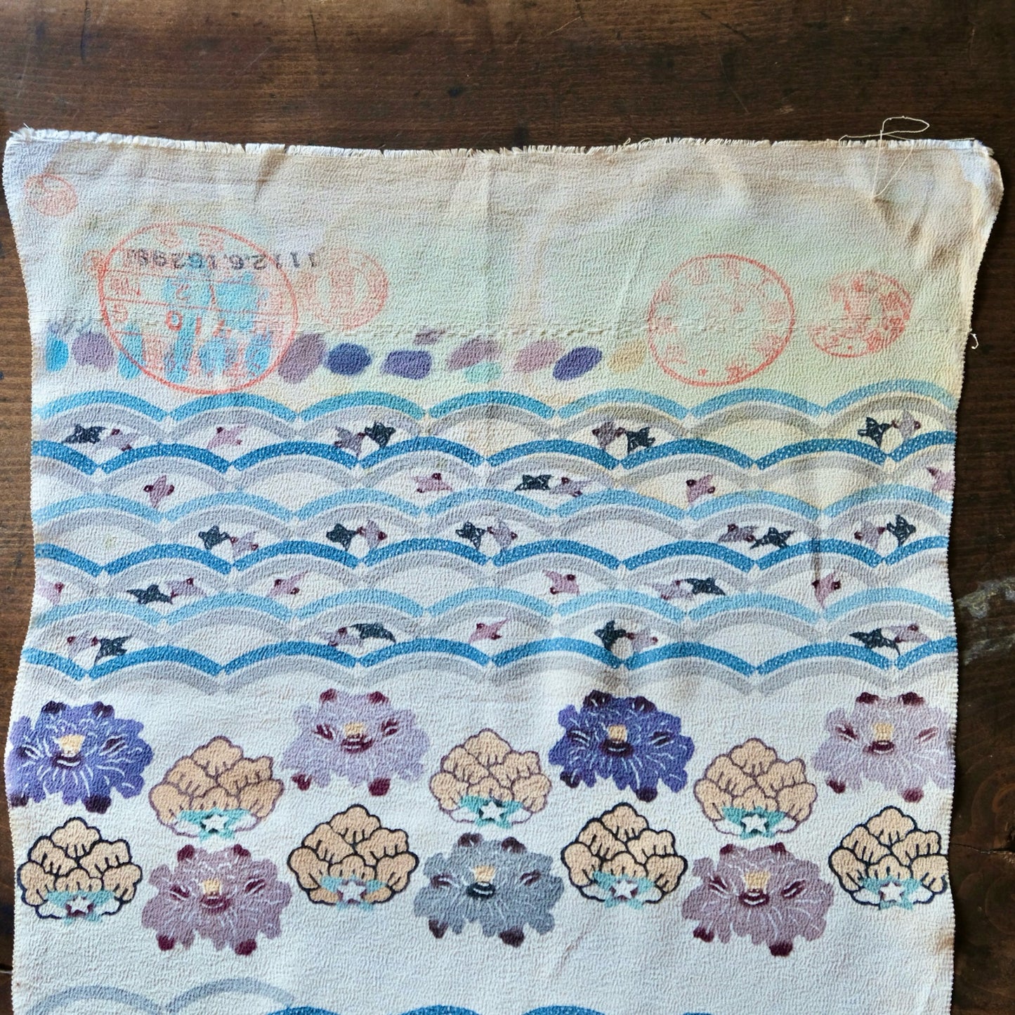Vintage Japanese kimono silk textile ryukyu bingata okinawa Japanese iris, little bird, wave(b-33)