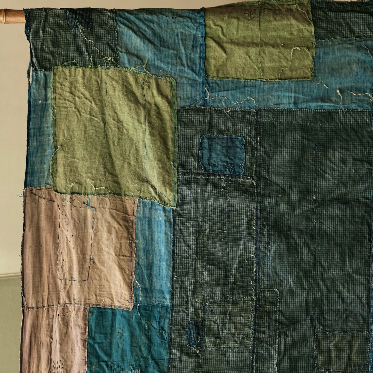 Vintage Japanese Boro rug sashiko with hemp