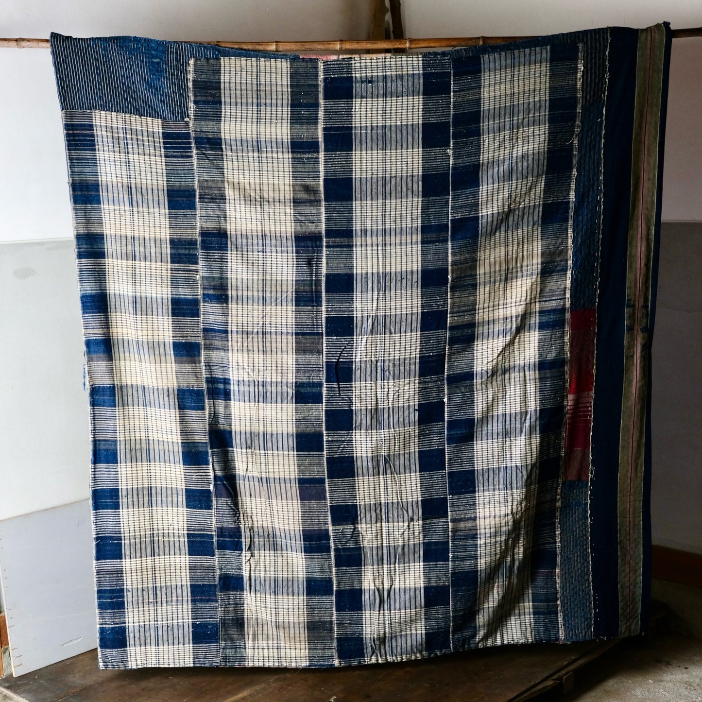 Vintage Japanese Thick Boro Rug - Reversible Sashiko Patchwork - Wabi-Sabi "Melting" Indigo Textile Art(b-44)