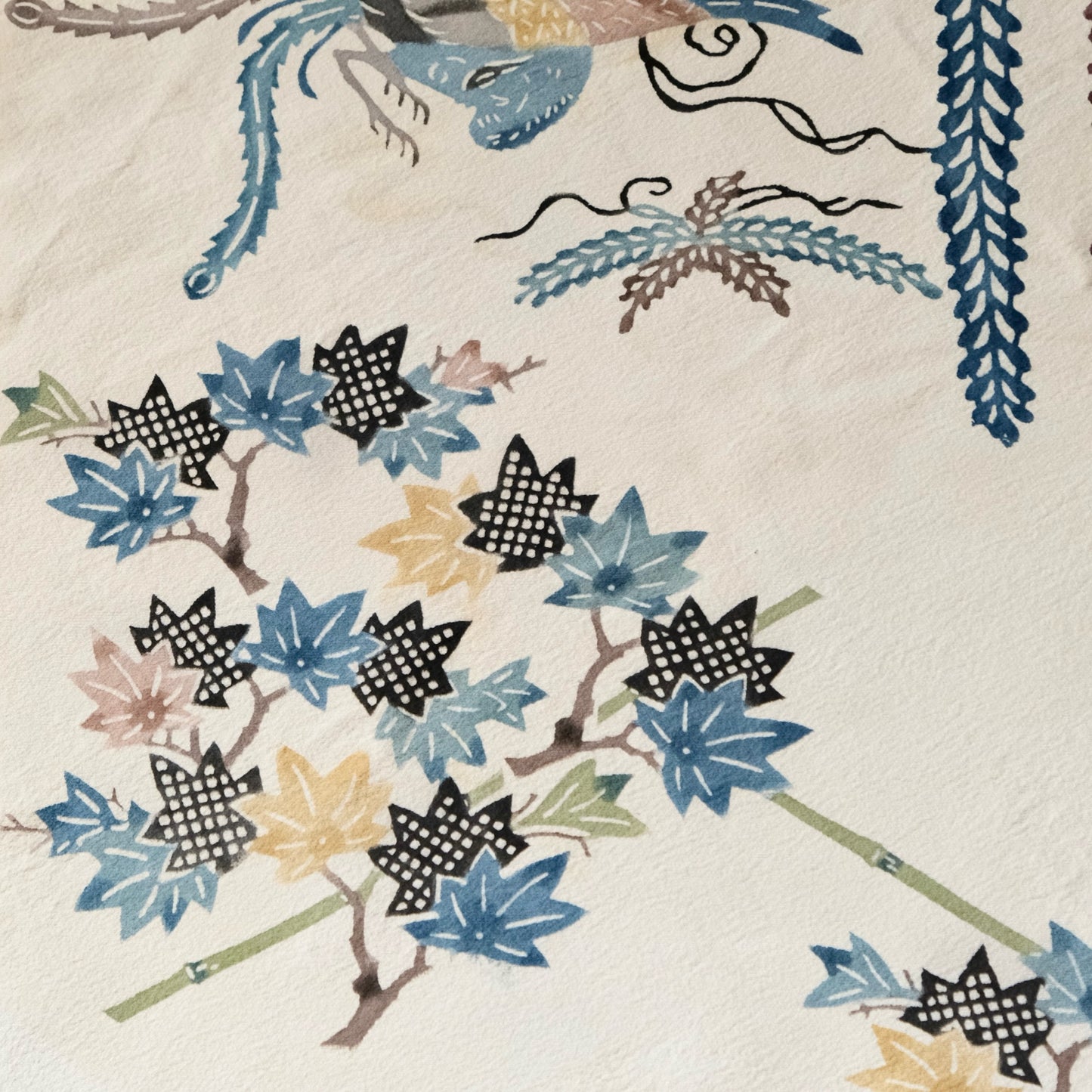 Vintage Japanese kimono silk textile Ryukyu Bingata Okinawa Japanese maple(Momiji), wisteria, phoenix (b-39)