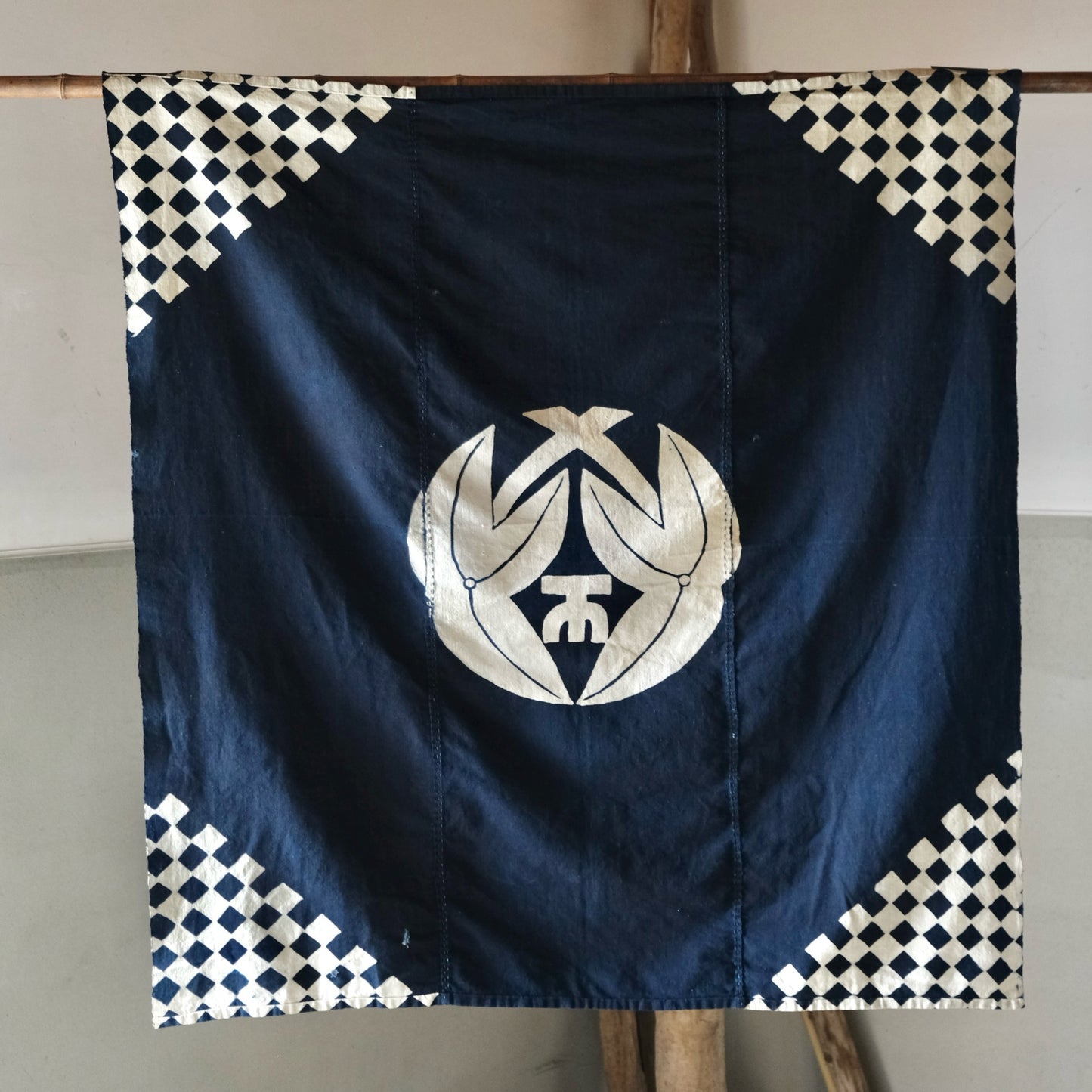 Vintage Japanese Furoshiki family crest indigo dyed cotton textile tapestry(b-9)