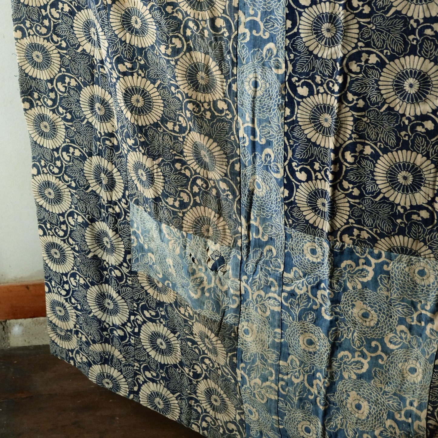Vintage Japanese boro Katazome rug indigo chrysanthemum textile aizome over 100 years reversible sashiko(b-15)