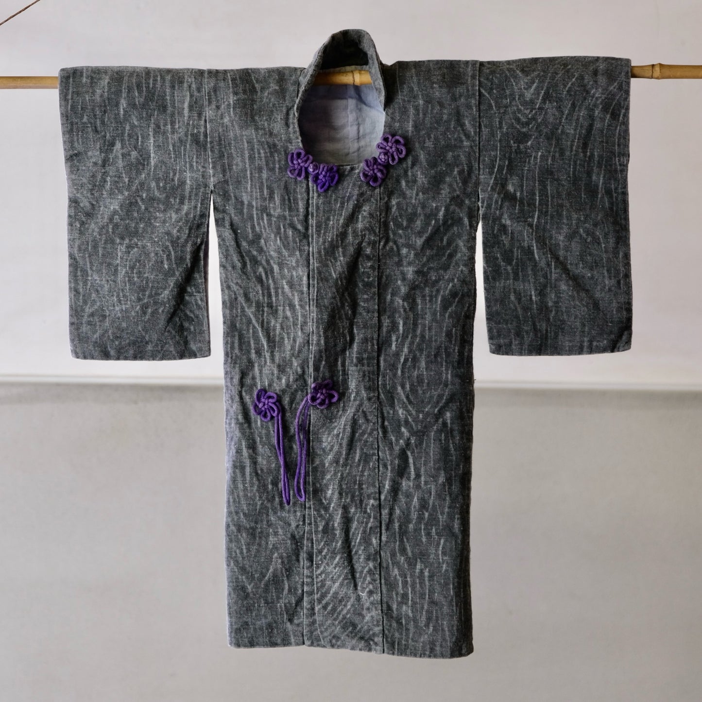 Vintage Japanese Infant's Cotton Haori/Hifu Jacket (100+ Yrs) - Wabi-Sabi Gray with Purple Floral Kumihimo - Flat Textile Wall Art(b-43)