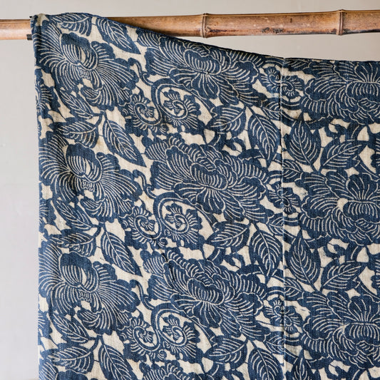 Vintage Japanese Katazome Hemp(Asa) Textile Rug(171x90cm) -Peony Motif & Crisp Indigo Dye Art Rug(b-4)