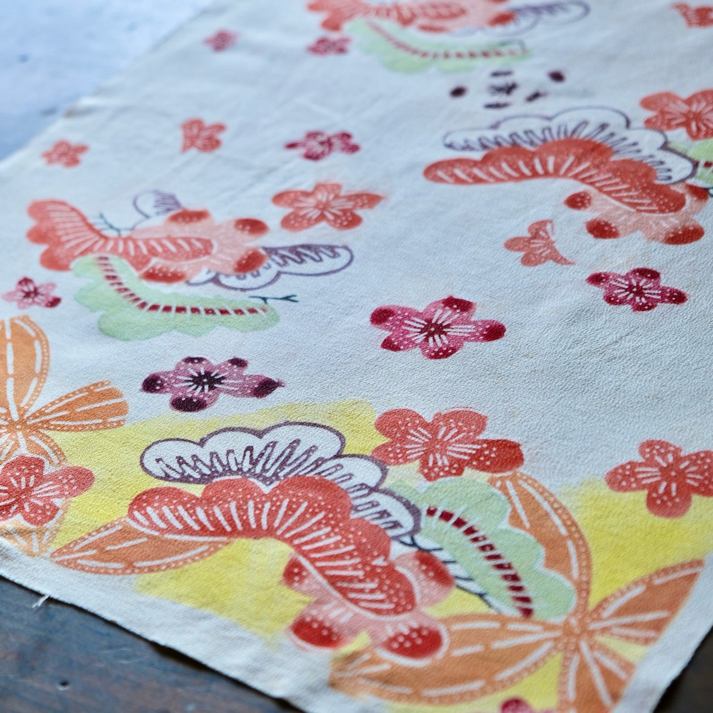Vintage Japanese kimono silk textile ryukyu bingata okinawa pine and plum flower pattern(b-30)