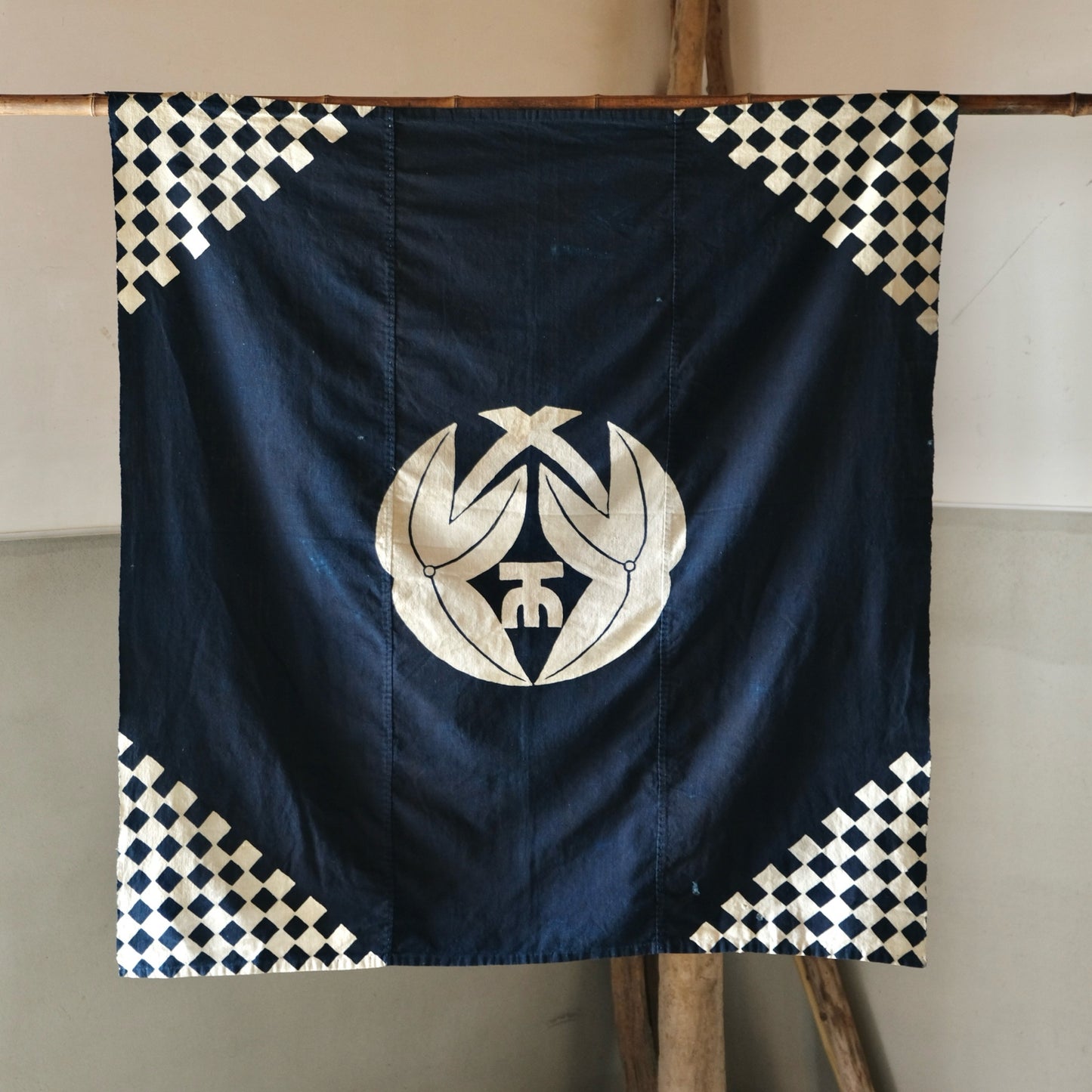 Vintage Japanese Furoshiki family crest indigo dyed cotton textile tapestry(b-9)
