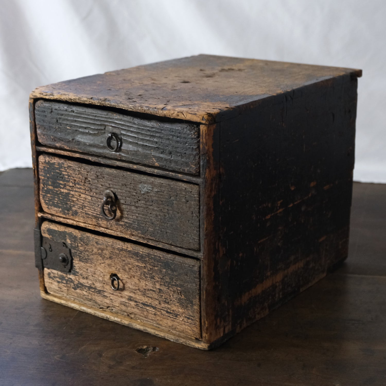 Vintage Japanese three-drawer wooden stationery chest c-12, angled front view
