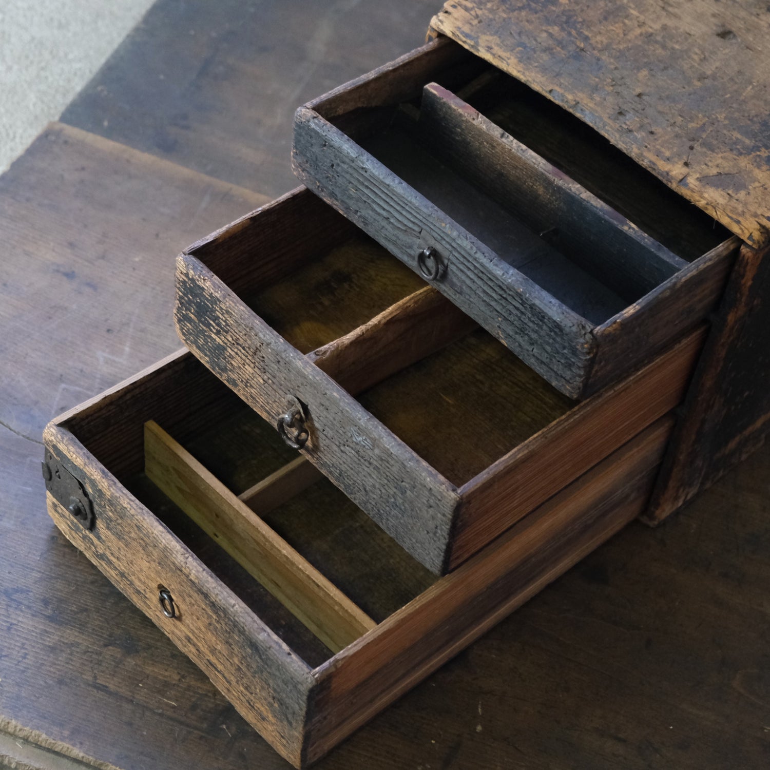 Japanese wooden stationery chest c-12, all three drawers open