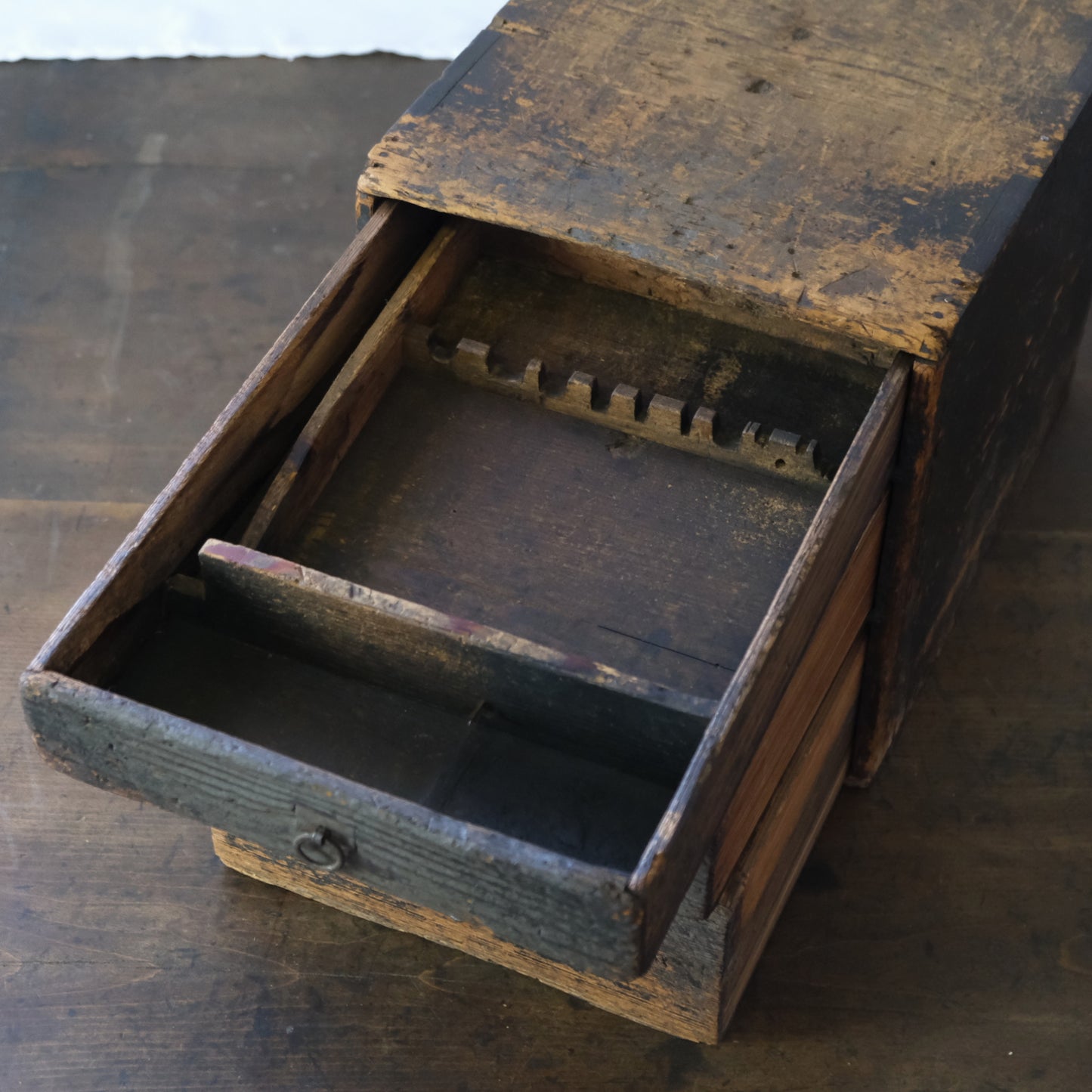Japanese wooden stationery chest c-12, top drawer with wooden brush-rest partition