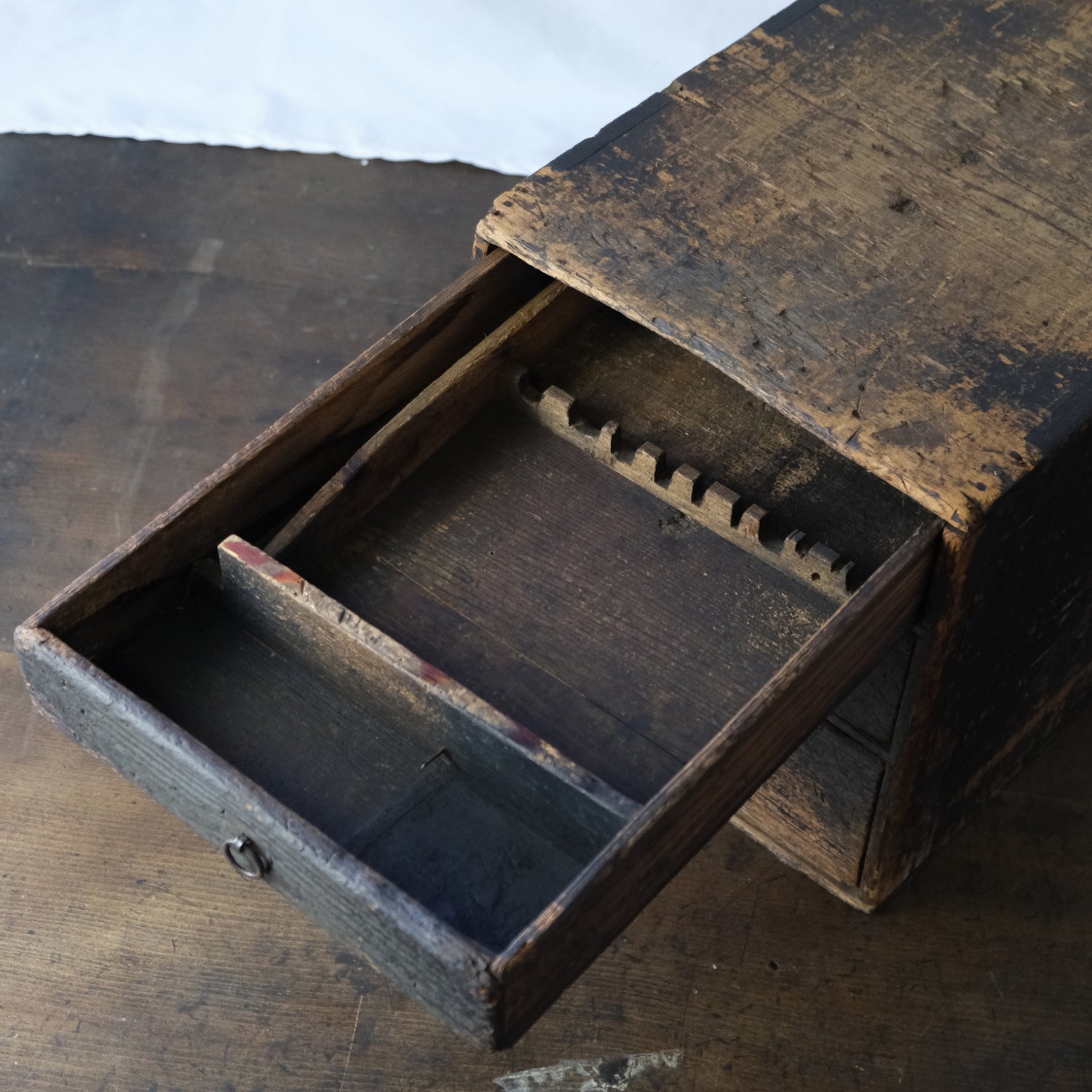 Japanese wooden stationery chest c-12, top drawer detail