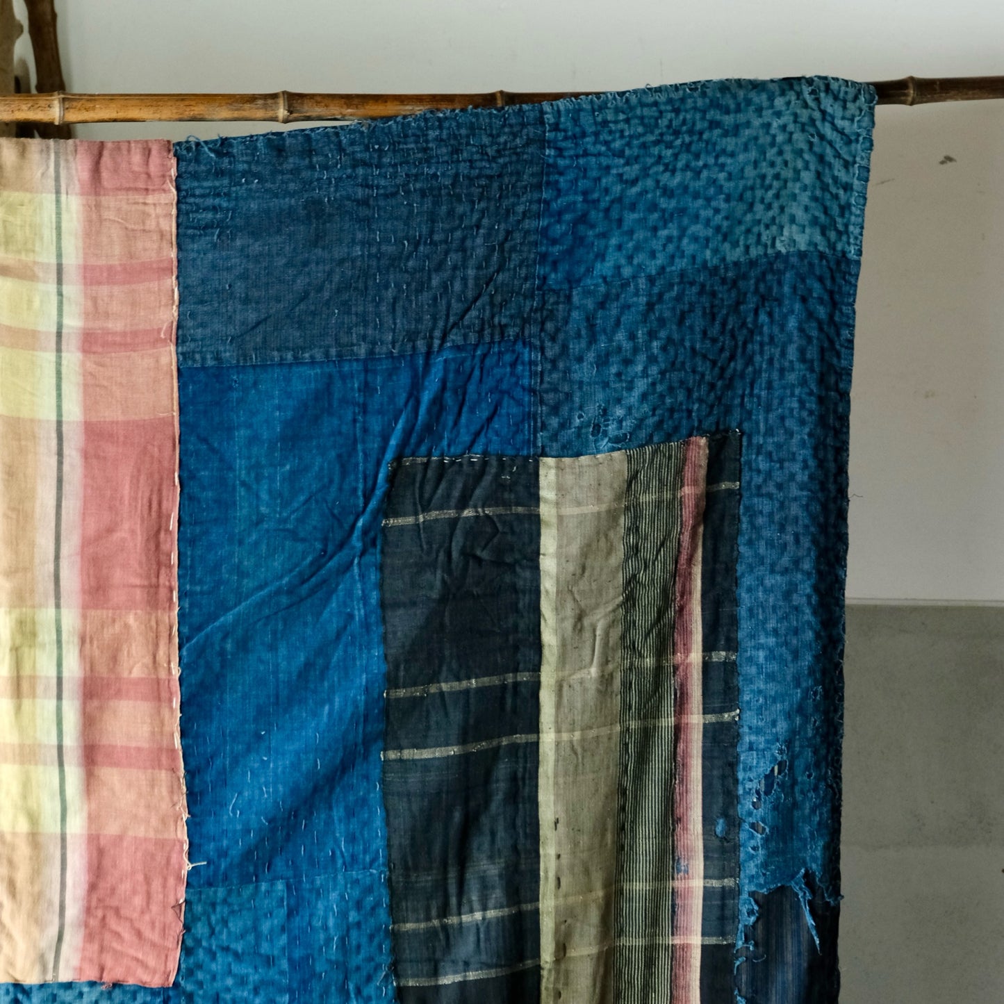 Vintage  Japanese Thick Boro Rug - Reversible Sashiko Patchwork - Wabi-Sabi "Melting" Indigo Textile Art(b-44)