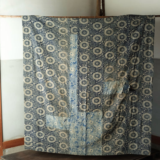 Vintage Japanese boro Katazome rug indigo chrysanthemum textile aizome over 100 years reversible sashiko(b-15)