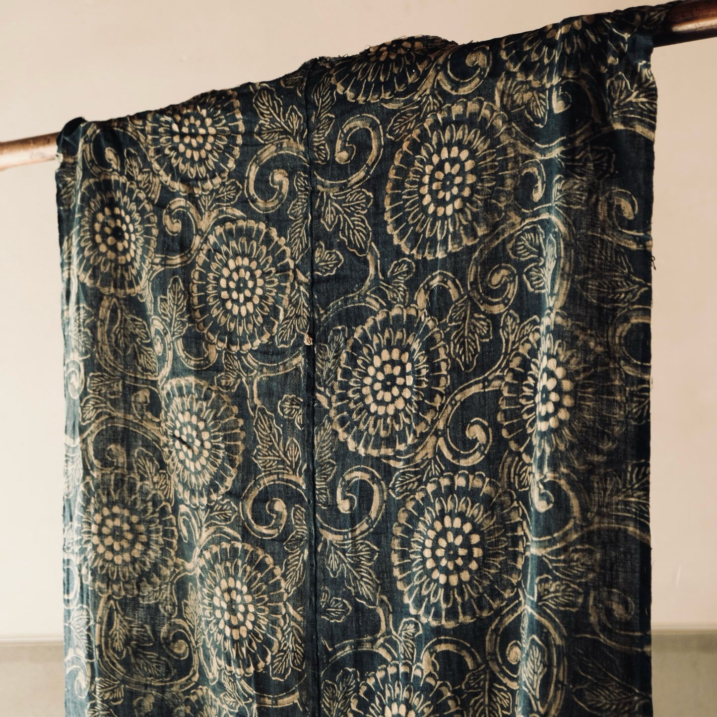 Vintage Japanese indigo dyed katazome chrysanthemum flower textile