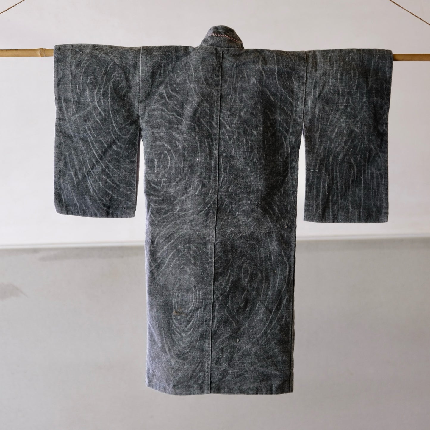 Vintage Japanese Infant's Cotton Haori/Hifu Jacket (100+ Yrs) - Wabi-Sabi Gray with Purple Floral Kumihimo - Flat Textile Wall Art(b-43)