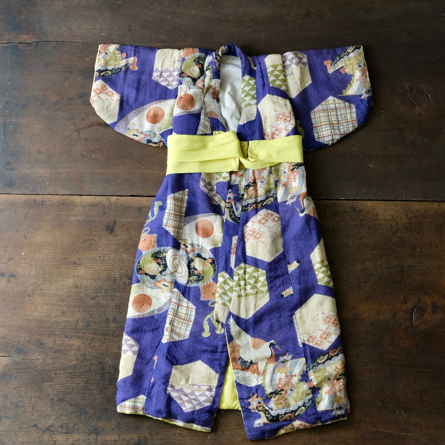 Vintage Japanese Children's Silk Kimono - Lucky Charms & Auspicious Motifs (Crane, Treasure Ship, Fan) (b-41)