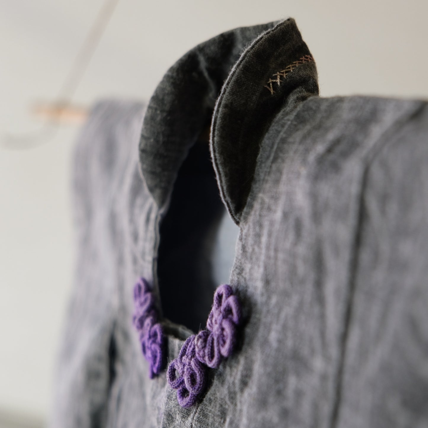 Vintage Japanese Infant's Cotton Haori/Hifu Jacket (100+ Yrs) - Wabi-Sabi Gray with Purple Floral Kumihimo - Flat Textile Wall Art(b-43)