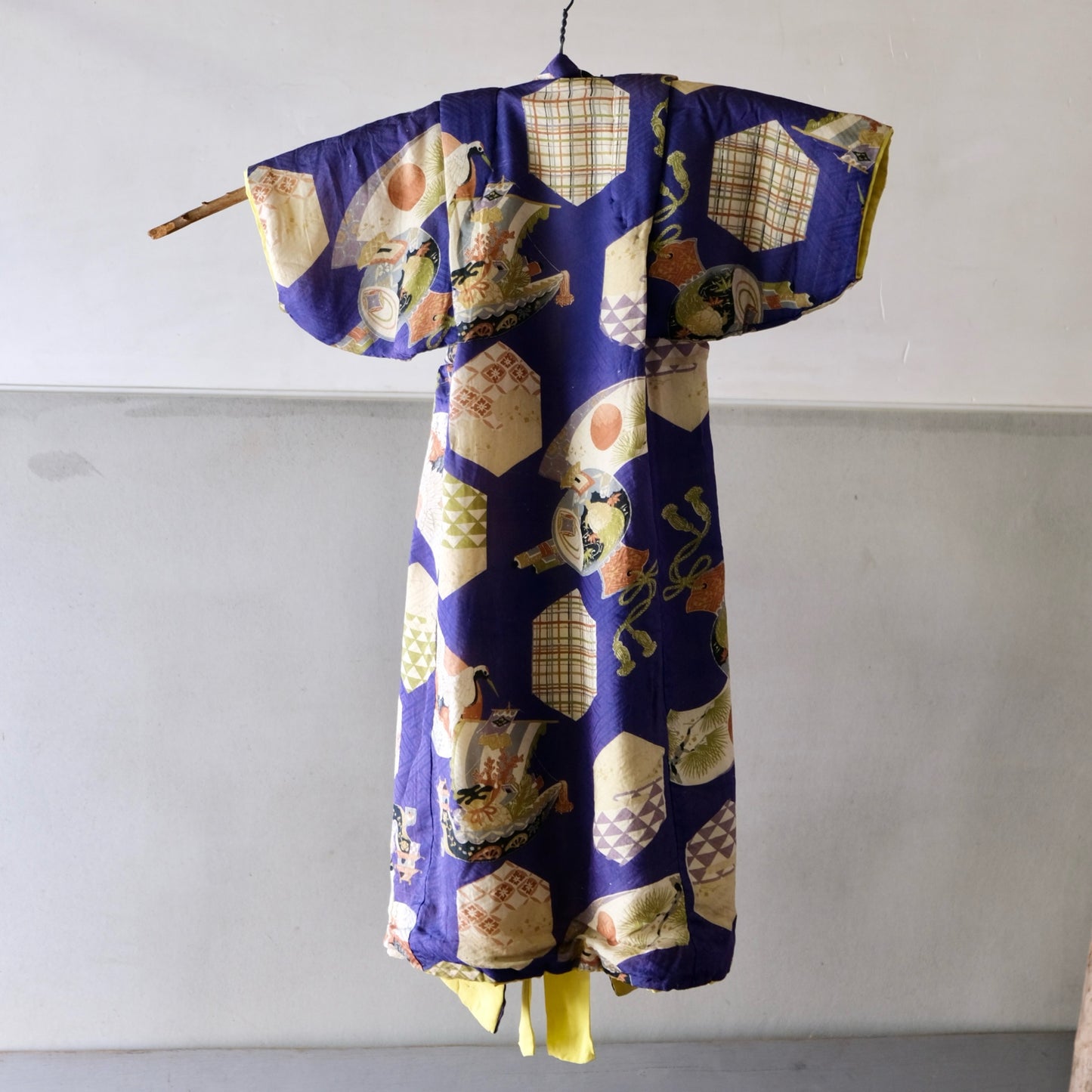 Vintage Japanese Children's Silk Kimono - Lucky Charms & Auspicious Motifs (Crane, Treasure Ship, Fan) (b-41)