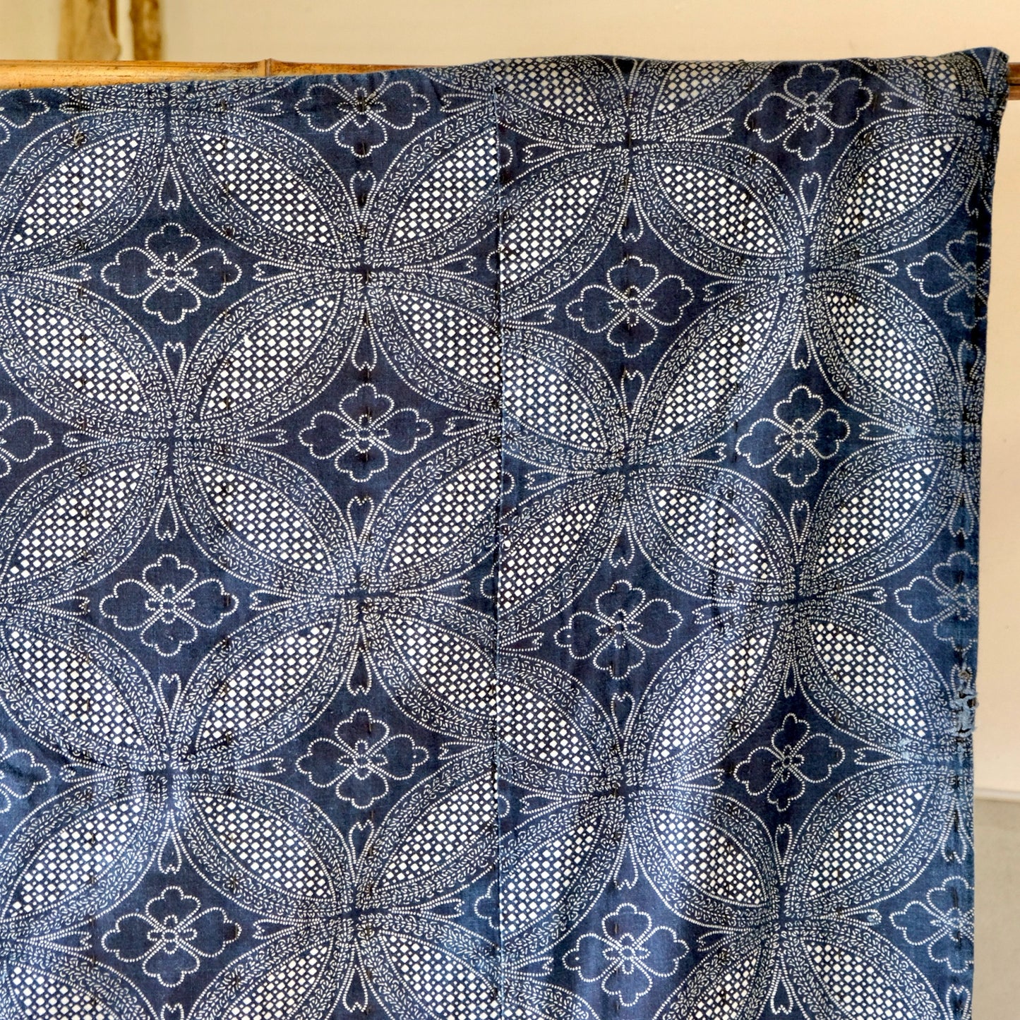 Vintage Japanese Katazome Indigo aizome Rug sashiko- Fine Geometric Pattern & Crisp White Contrast(b-48)
