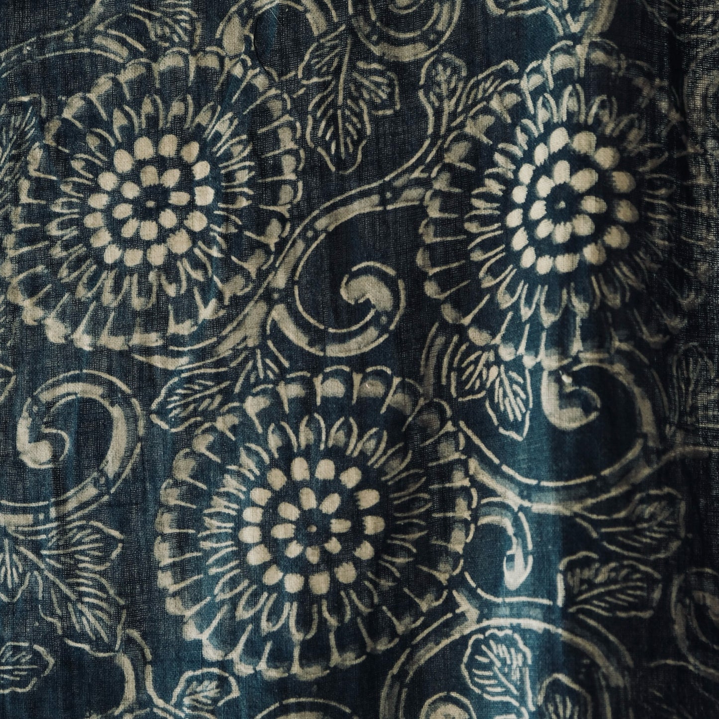 Vintage Japanese indigo dyed katazome chrysanthemum flower textile