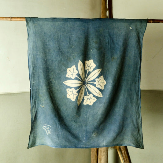 Vintage Japanese Furoshiki family crest indigo dyed cotton textile tapestry Japanese bellflower(b-52)