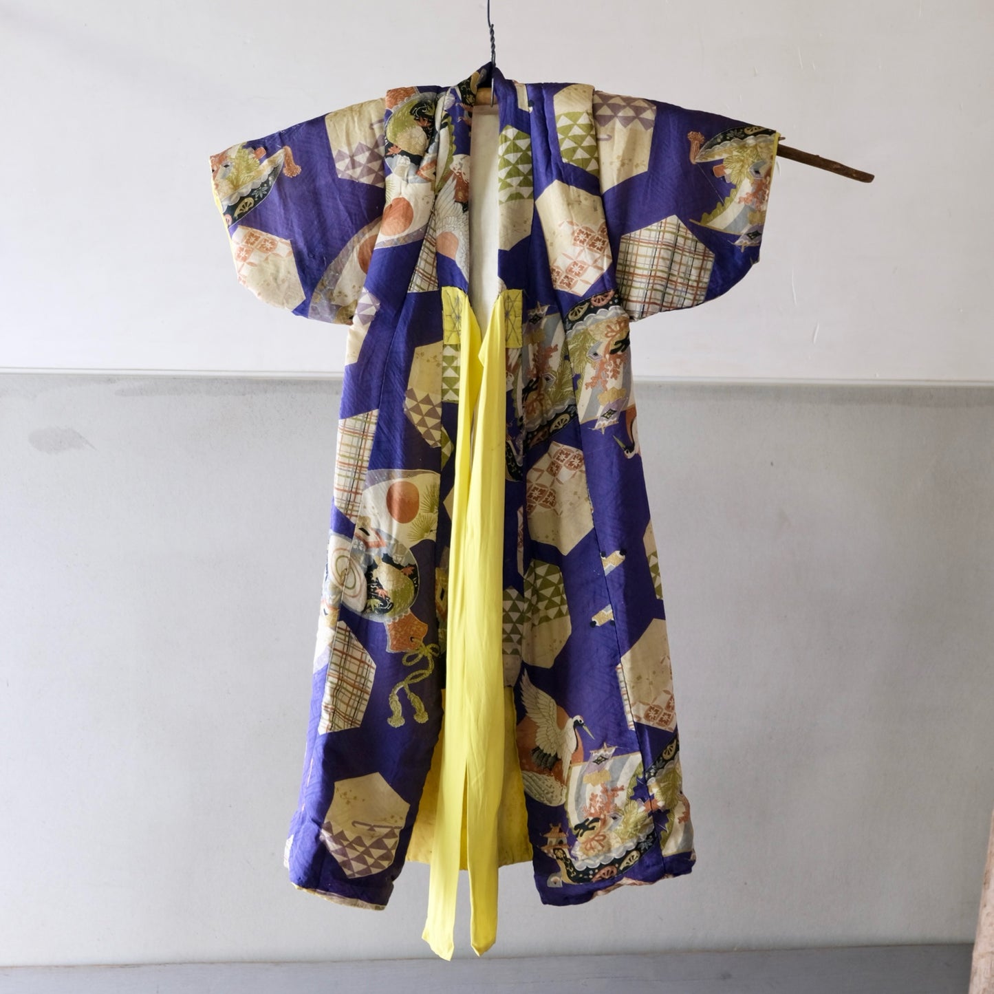 Vintage Japanese Children's Silk Kimono - Lucky Charms & Auspicious Motifs (Crane, Treasure Ship, Fan) (b-41)