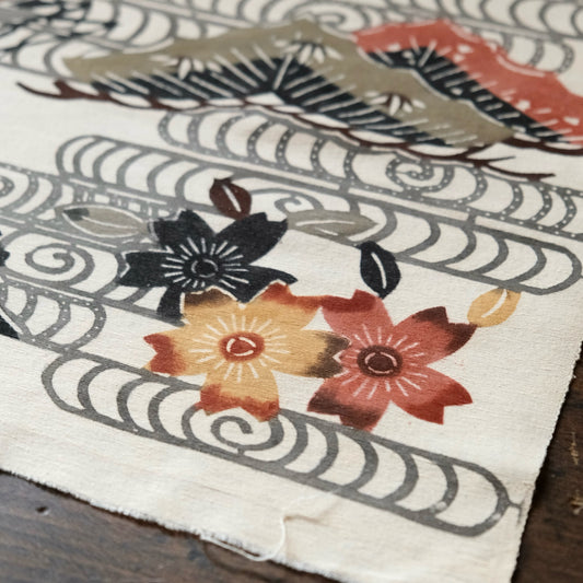 Vintage Japanese kimono silk textile Ryukyu Bingata Okinawa cranes, pine trees, cherry blossoms, mountains (b-36)