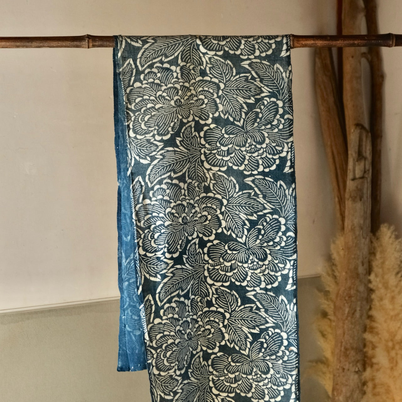 Vintage Japanese Boro Indigo-dyed Katazome Fabric (textile)with Peony pattern