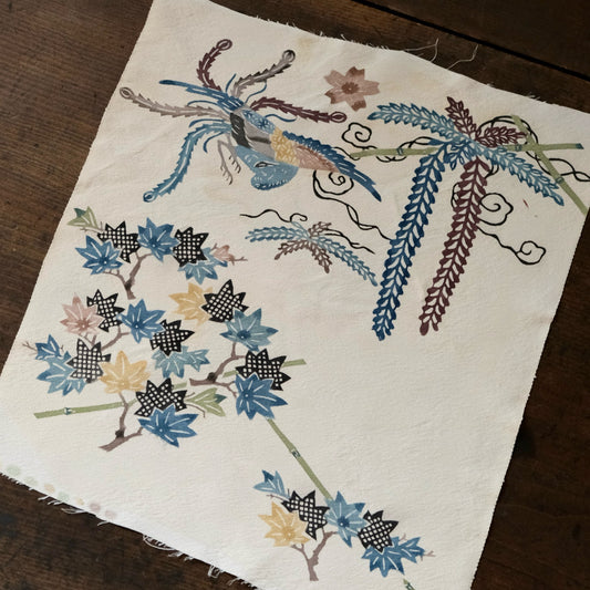 Vintage Japanese kimono silk textile Ryukyu Bingata Okinawa Japanese maple(Momiji), wisteria, phoenix (b-39)