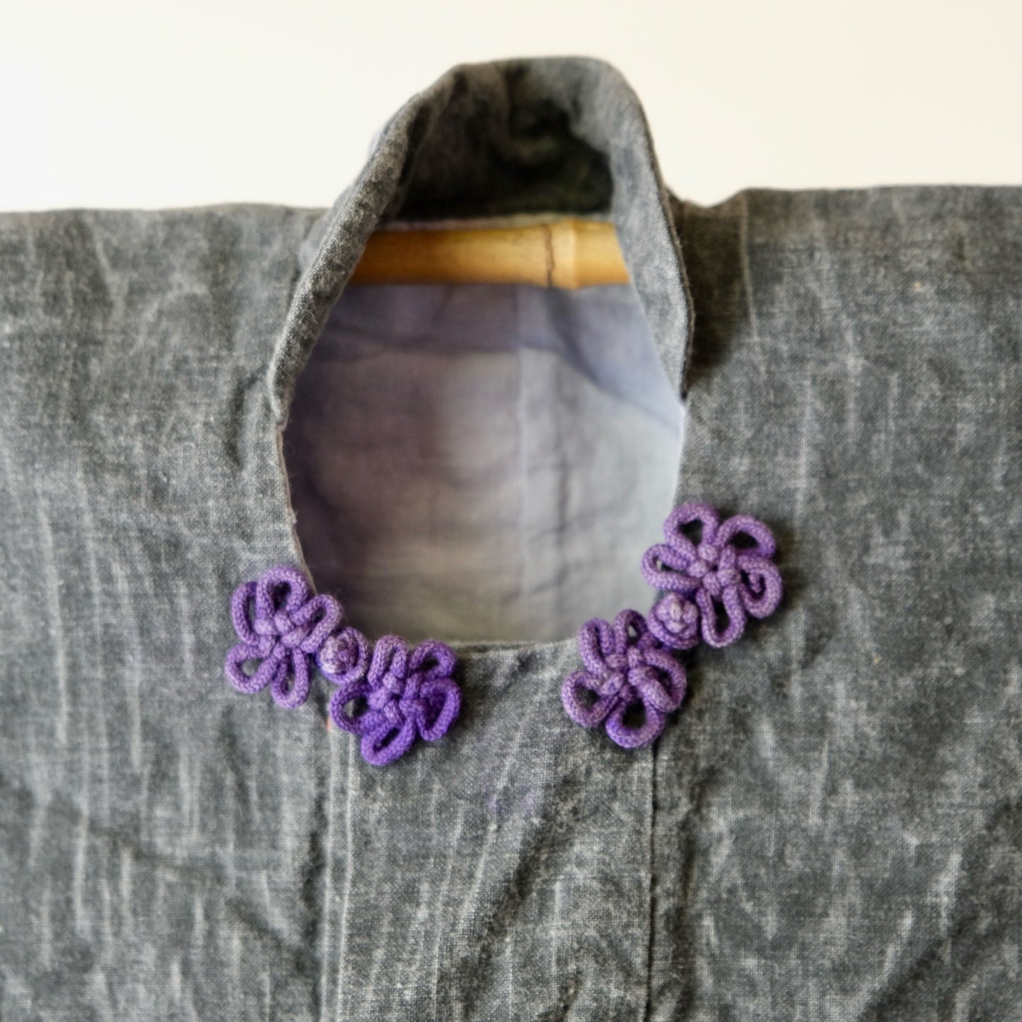 Vintage Japanese Infant's Cotton Haori/Hifu Jacket (100+ Yrs) - Wabi-Sabi Gray with Purple Floral Kumihimo - Flat Textile Wall Art(b-43)