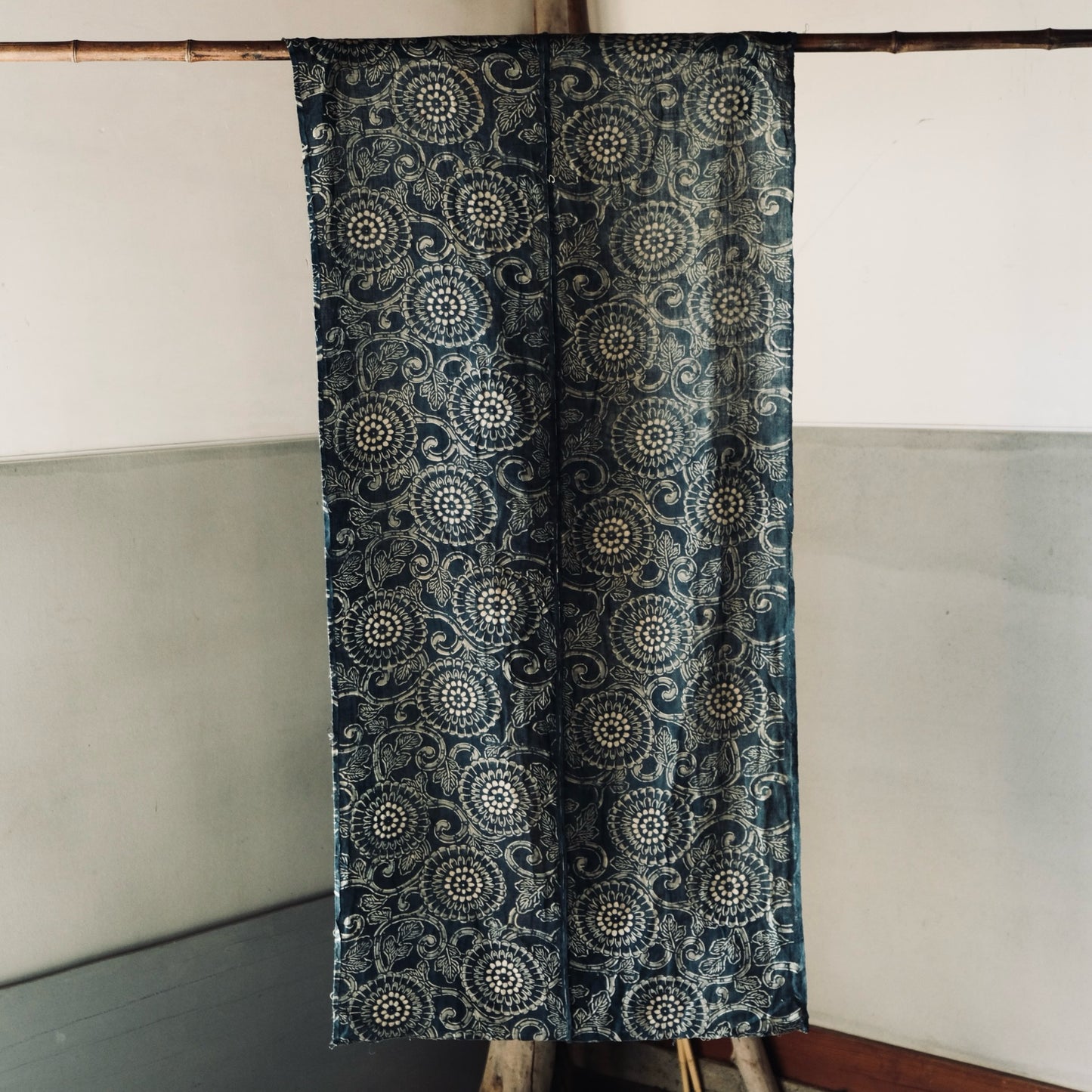 Vintage Japanese indigo dyed katazome chrysanthemum flower textile