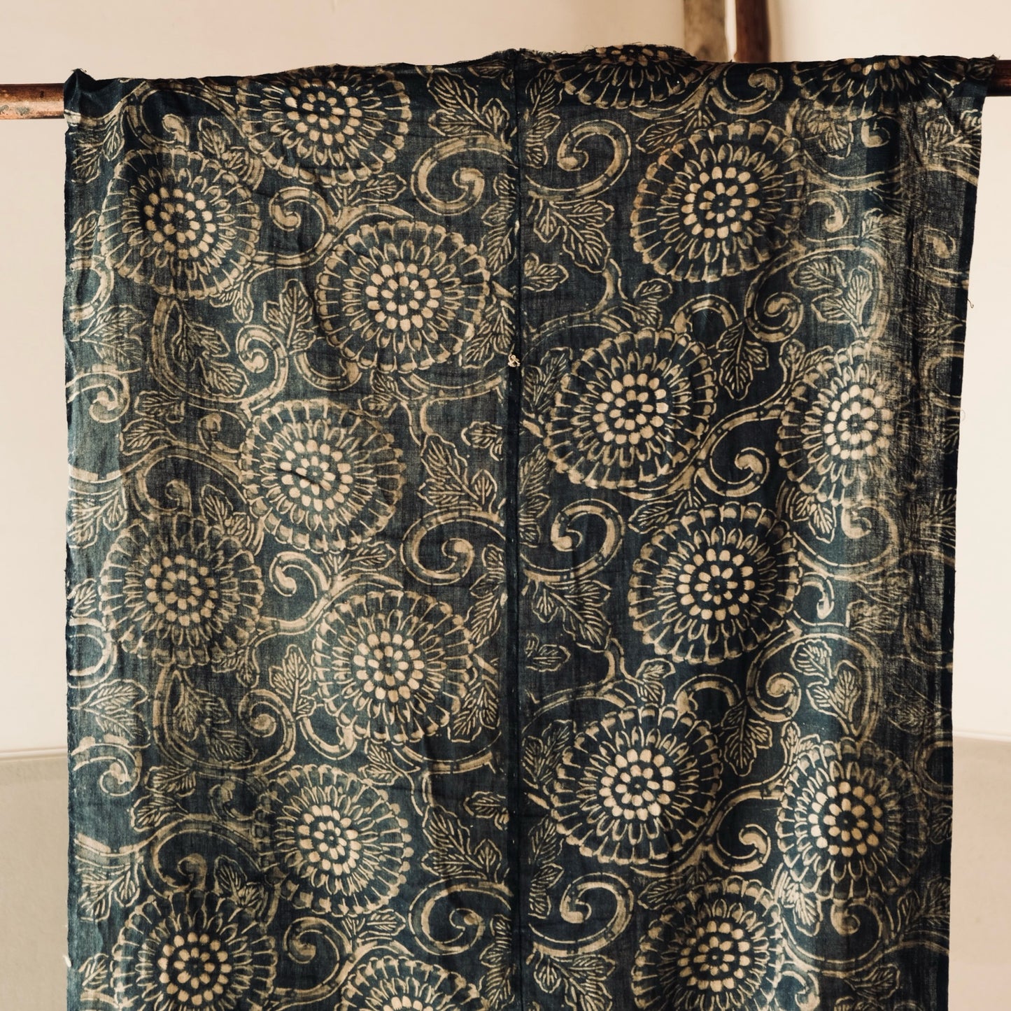 Vintage Japanese indigo dyed katazome chrysanthemum flower textile