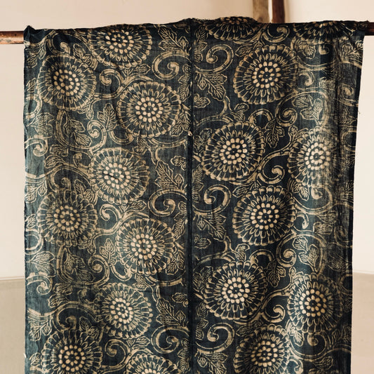 Vintage Japanese indigo dyed katazome chrysanthemum flower textile