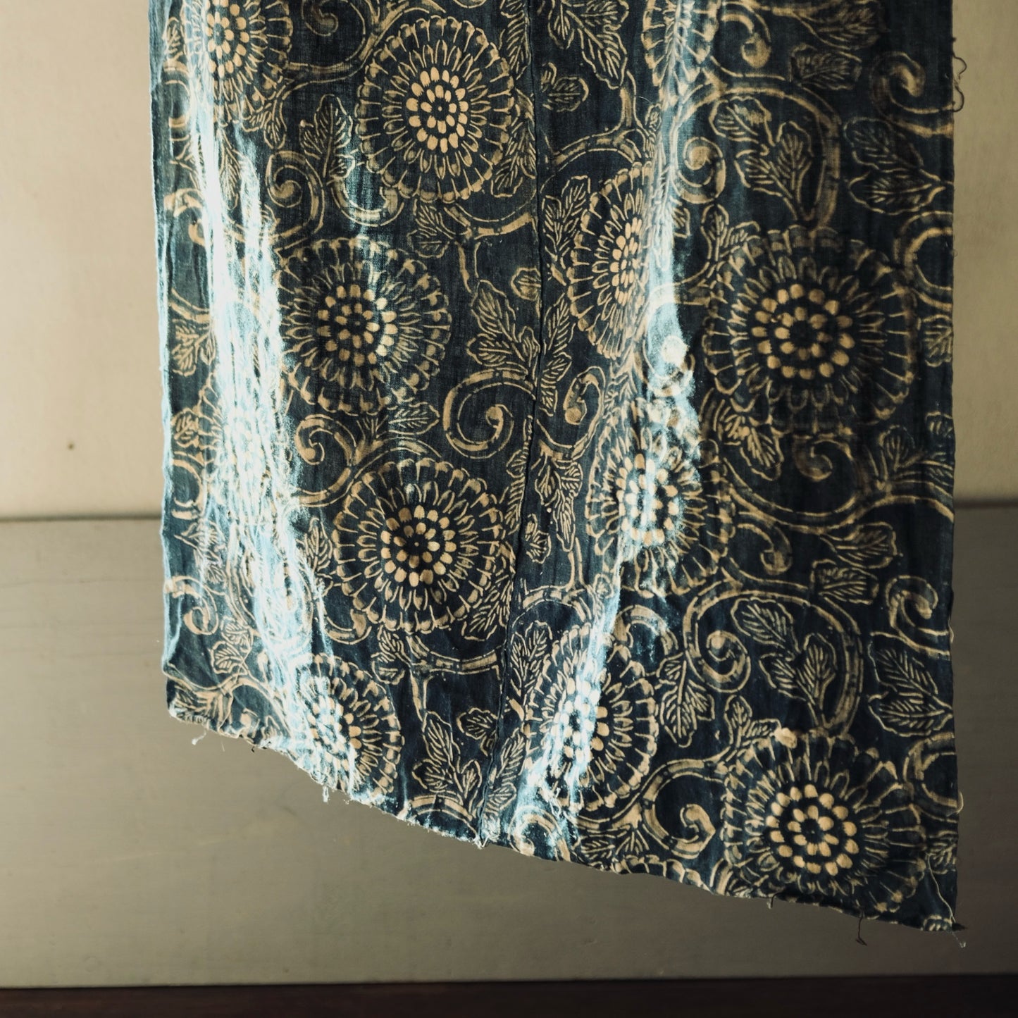 Vintage Japanese indigo dyed katazome chrysanthemum flower textile