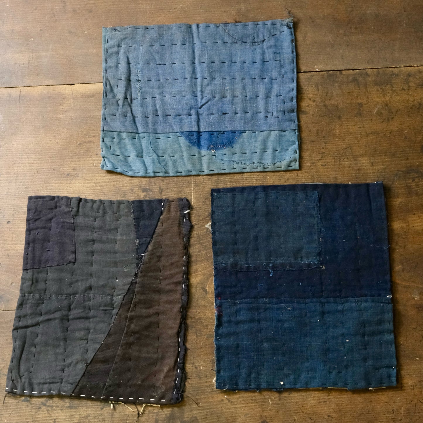 Vintage Japanese Boro Sashiko Mini Rug 3-Piece Set – Indigo Aizome Textile Art, Rustic Wabi-Sabi Decor (b-40)