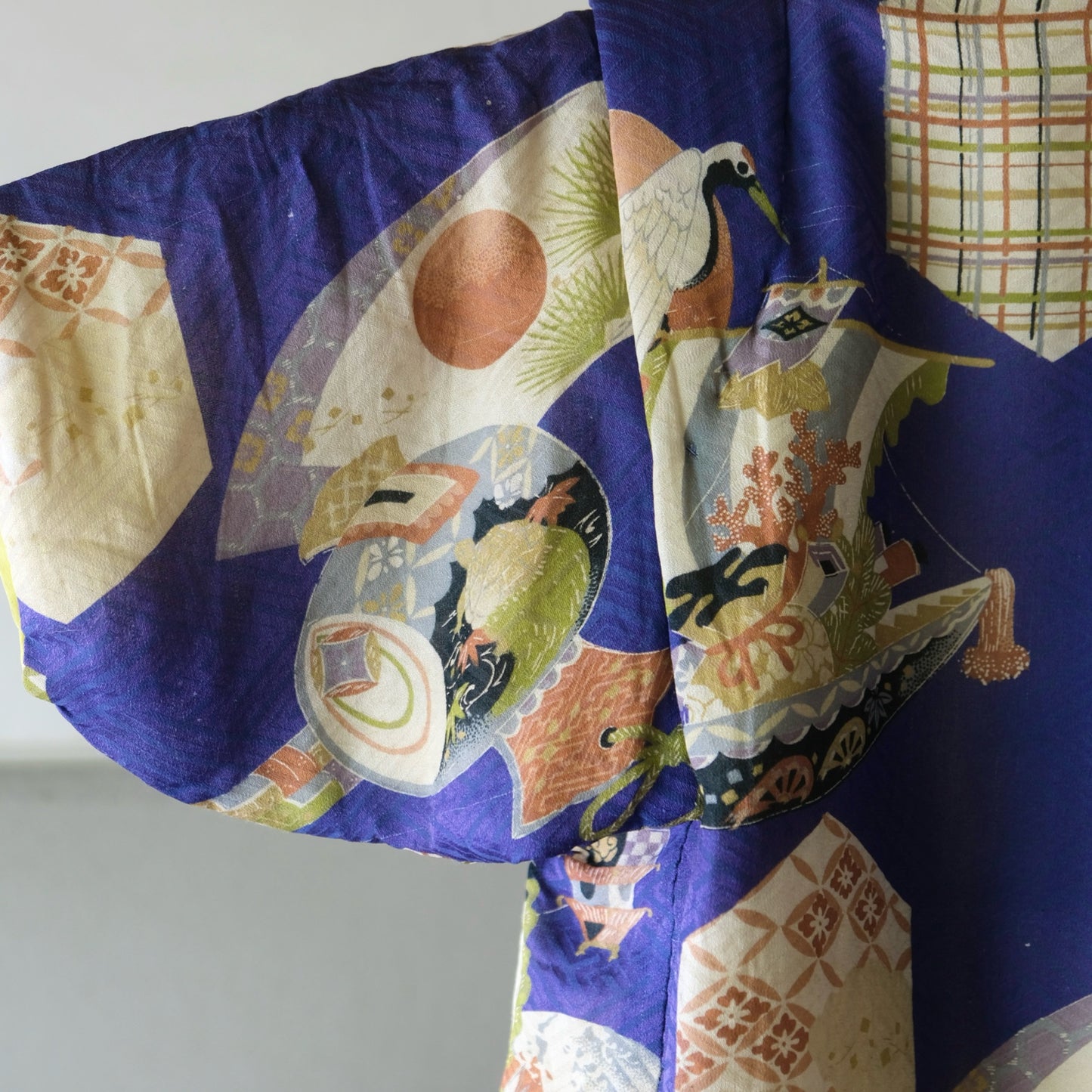 Vintage Japanese Children's Silk Kimono - Lucky Charms & Auspicious Motifs (Crane, Treasure Ship, Fan) (b-41)