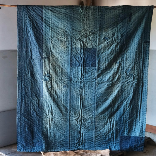 Vintage Japanese big BORO rug Sashiko indigo dyeing