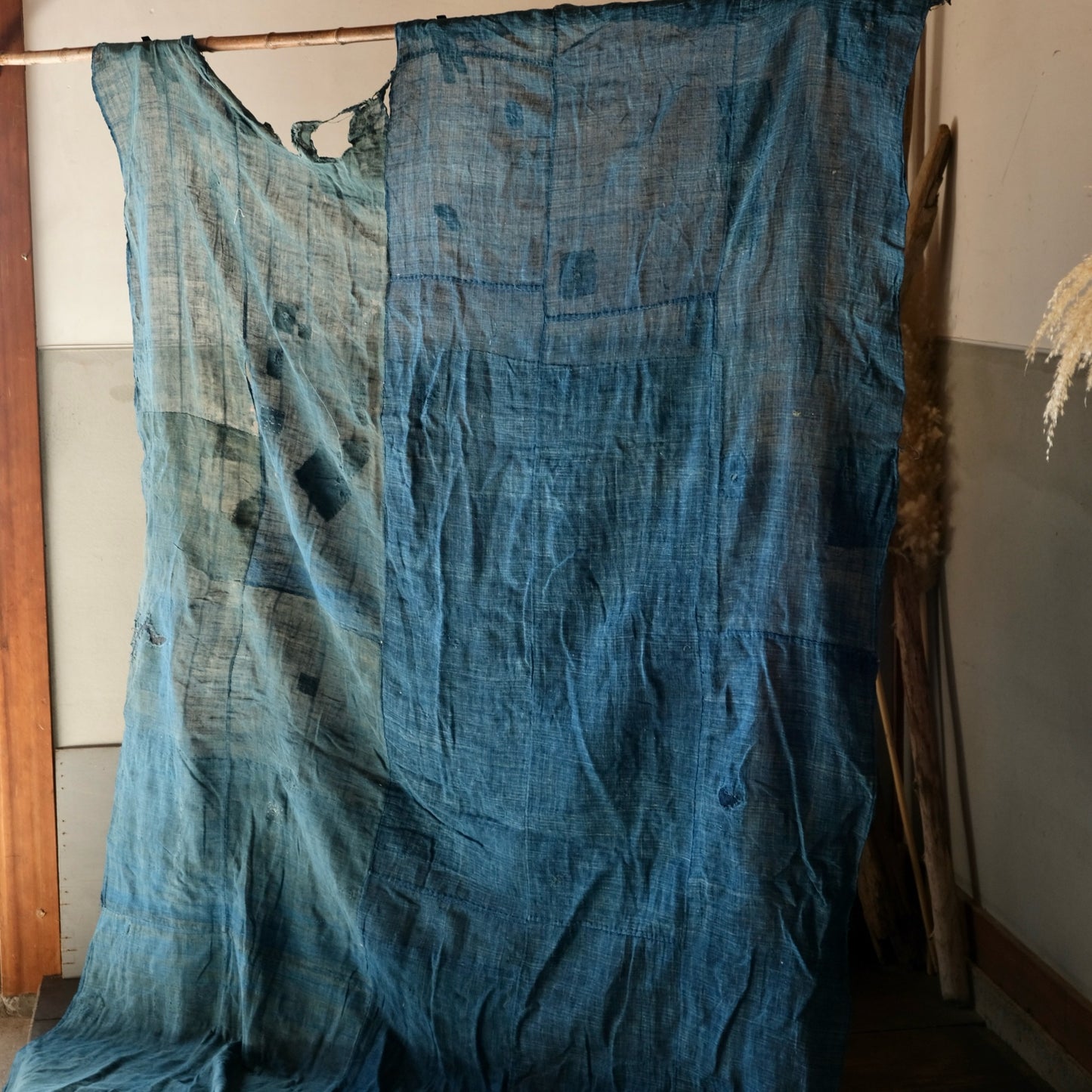 Vintage Japanese big sheer BORO Sashiko indigo dyeing thin