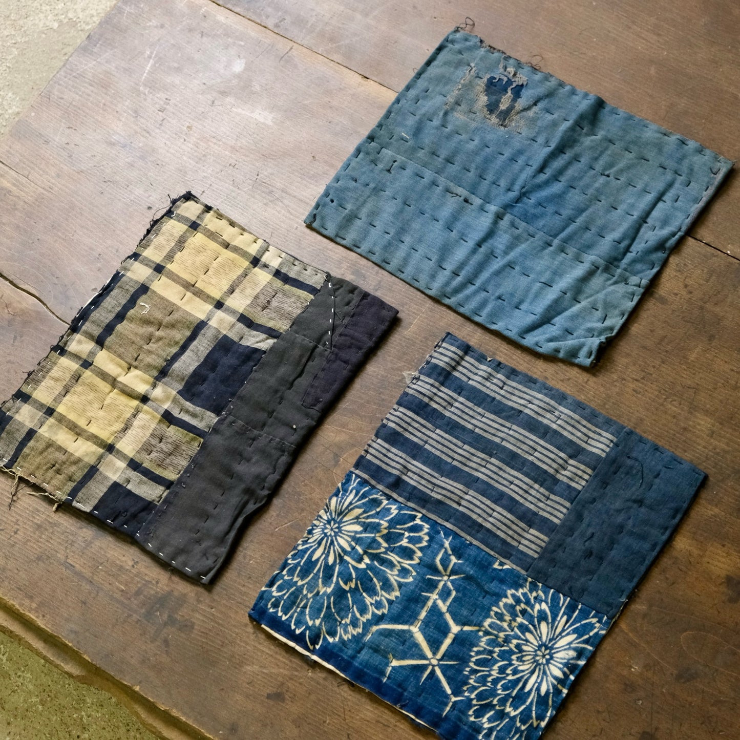 Vintage Japanese Boro Sashiko Mini Rug 3-Piece Set – Indigo Aizome Textile Art, Rustic Wabi-Sabi Decor (b-40)